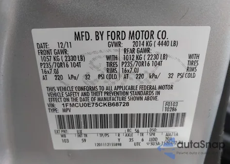 2012 Ford Escape Limited z USA, uszkodzony, nr VIN 1FMCU0E75CKB68728